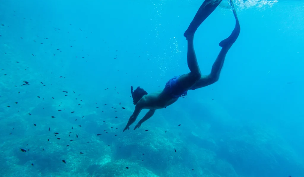 man swim underwater in snorkel
