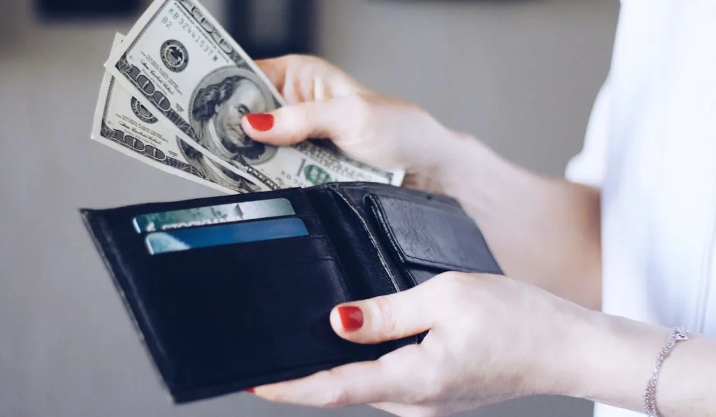 Hand of a woman putting dollar bills in the wallet